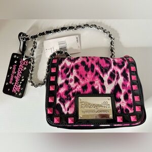 $78 New Betsey Johnson pink Leopard Cheetah flap shoulder chain strap purse bag